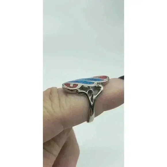 Silver Ring Native American Style Gemstone Turquoise & Coral Chips Inlaid sz 7 - Picture 4 of 8